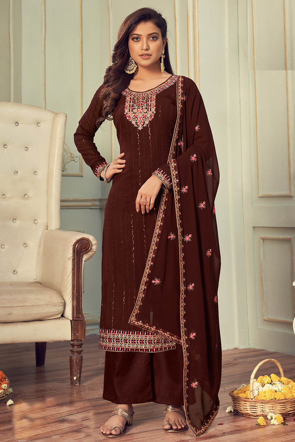 Brown Colour New Designer Fastival Wear Heavy Chiffon Suit Salwar Suit  Collection 30065 - The Ethnic World